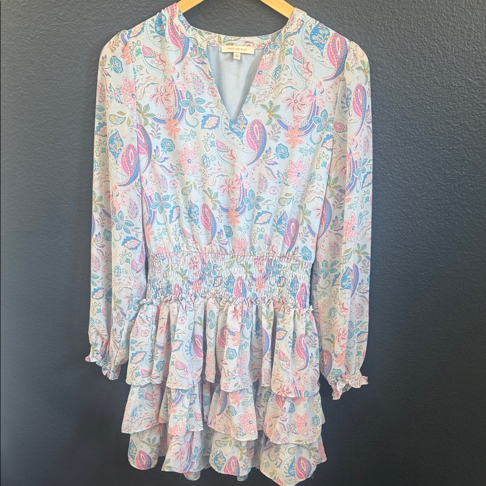 Skies Are Blue Paisley V-Neck Ruffle Dress in Pastel Blue & Pink